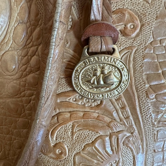 Brahmin Vintage Rare Floral Hand Tooled Tan Leather Handbag - Picture 4 of 11